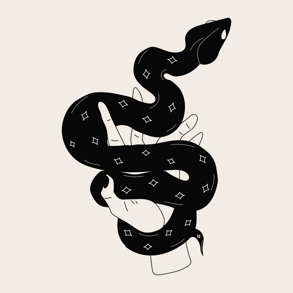 Hand drawn vector illustration of hand with snake. Design for print, stickers.