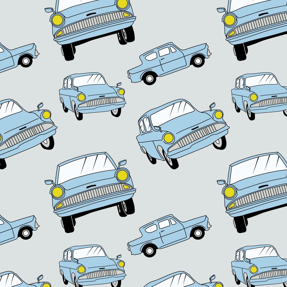 Seamless pattern with Magical flying car in monochrome style. Hand drawn vector illustration.