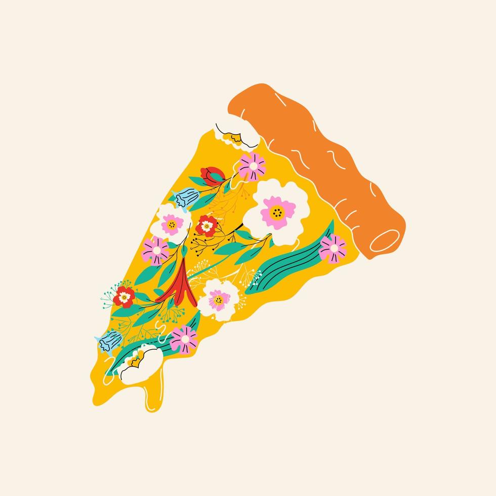 Pizza with different flowers. Spring pizza. Hand drawn vector illustration.