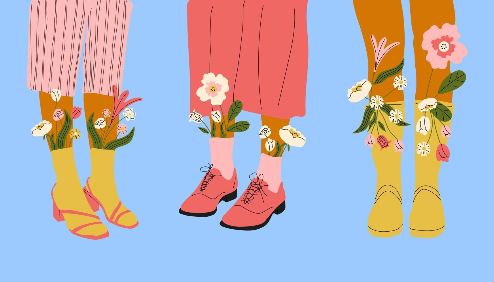 Set of three  Female legs in  boots. Cool footwear with flowers. High socks . Hand drawn vector colored trendy fashion illustration. Flat design