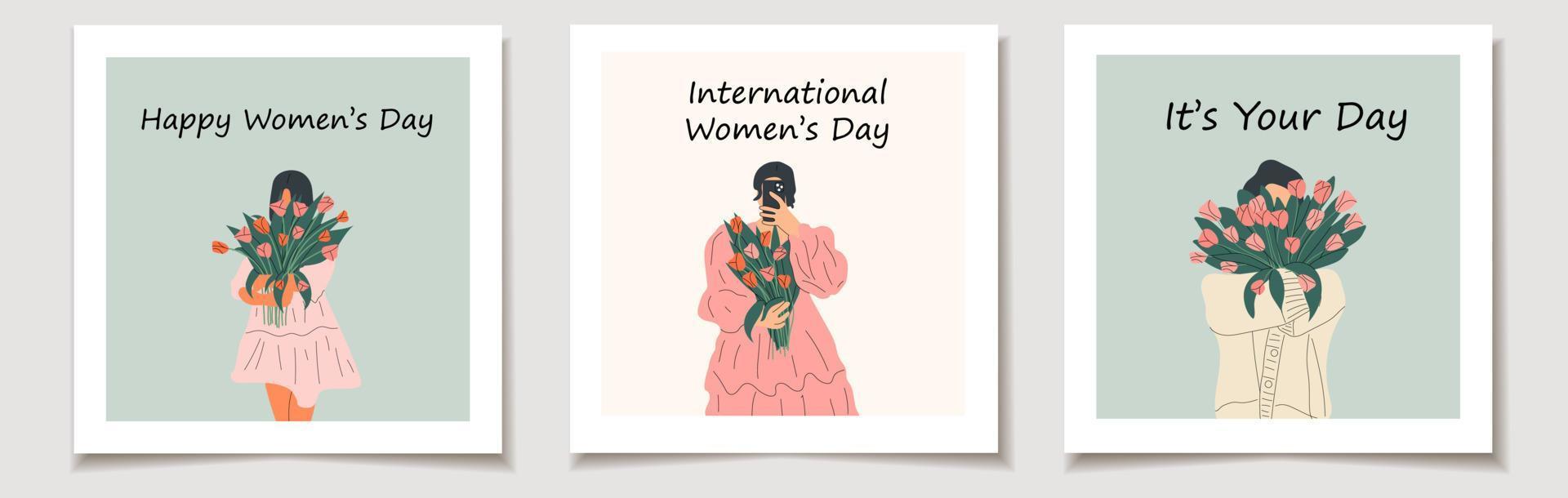 International Women's Day. A set of greeting cards with woman is holding a bouquet of tulips. Femininity, feminism, prosperity and self love concept. vector