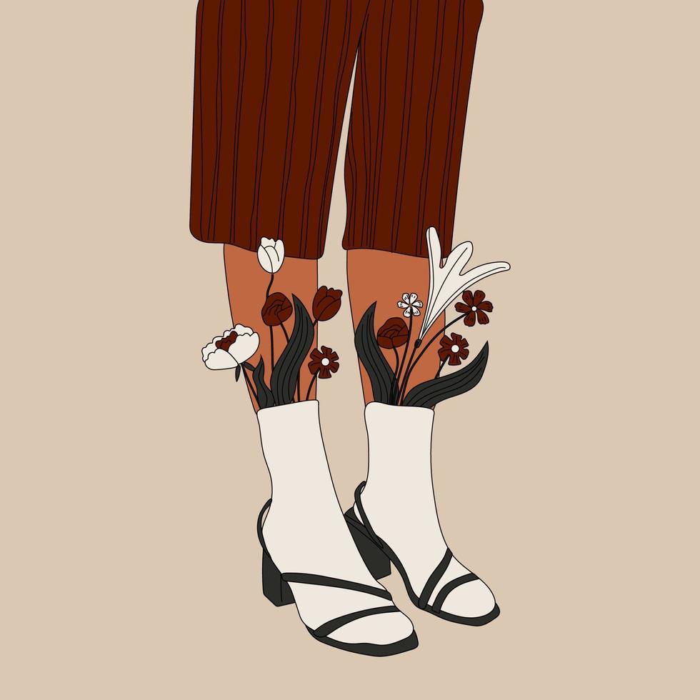Female legs in the sandals. Cool footwear with flowers. High socks . Hand drawn vector colored trendy fashion illustration. Flat design