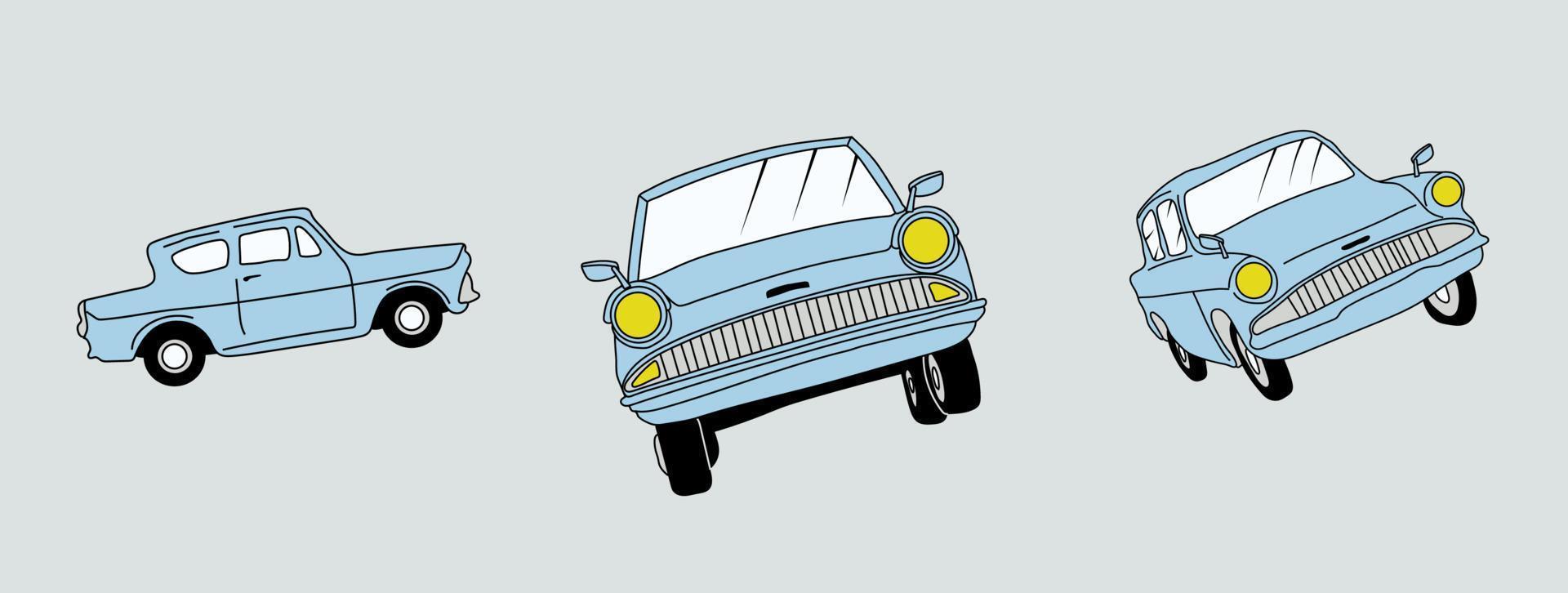 conjunto de Tres mágico volador coche. mano dibujado vector ilustración.