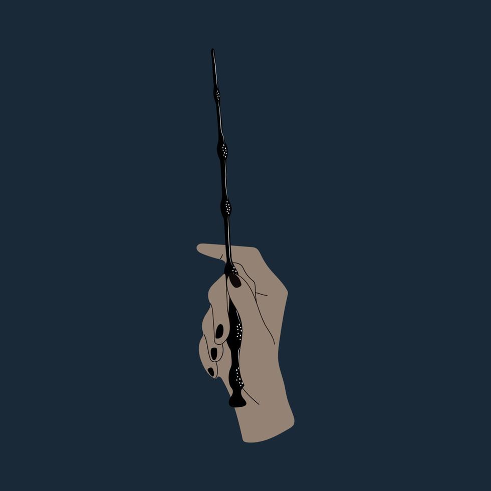 A hand wields a magic wand. Vector in cartoon style.