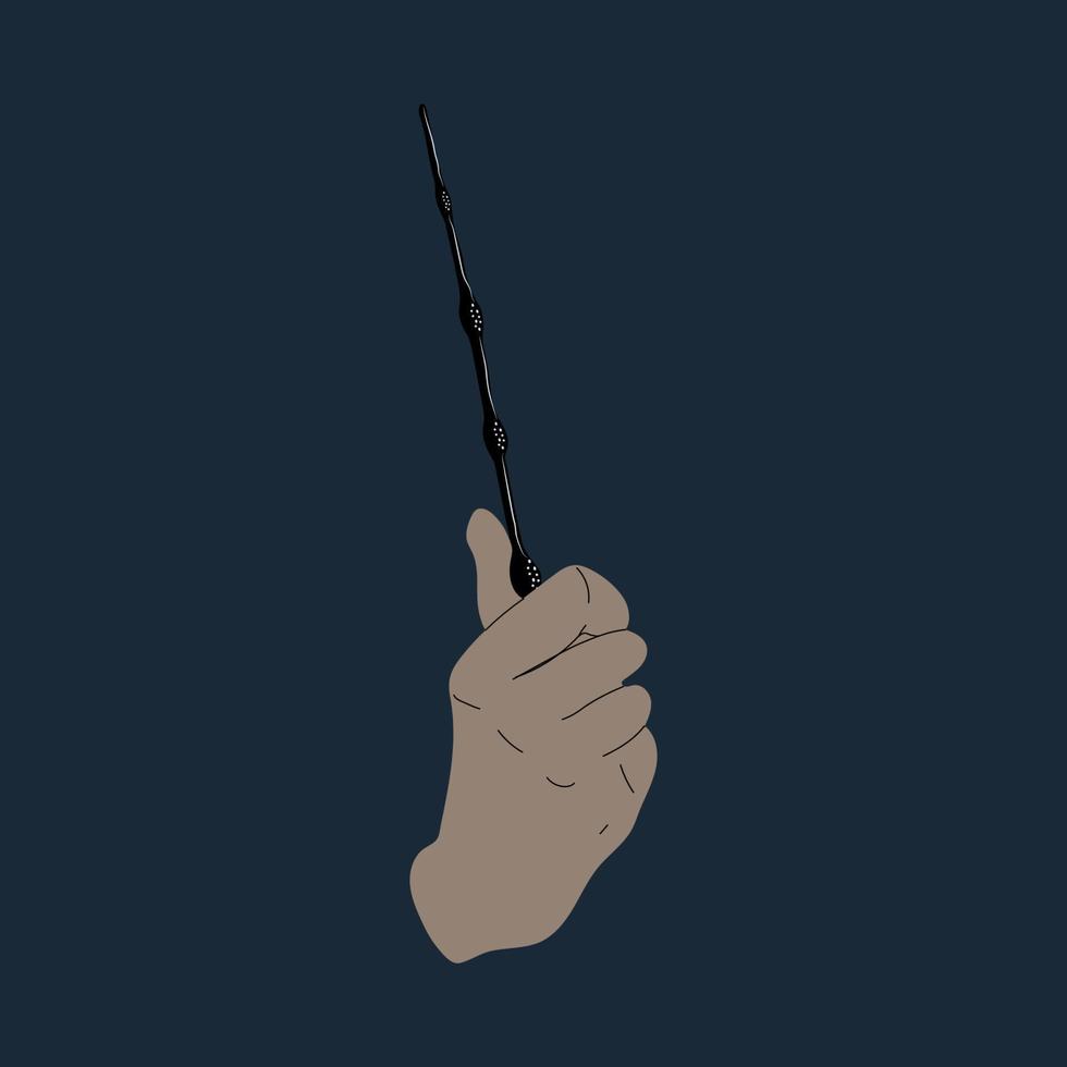 A hand wields a magic wand. Vector in cartoon style.