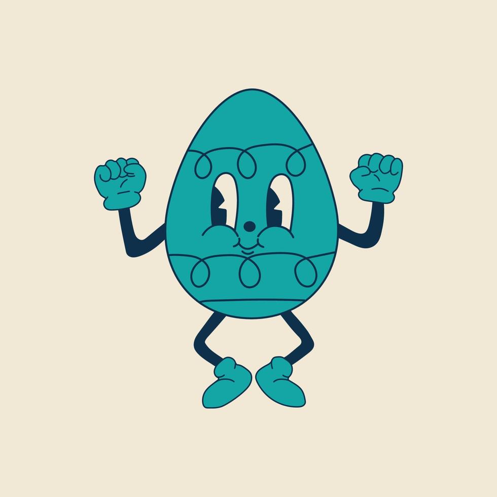 Retro easter egg mascot. Cute character in trendy retro 60s 70s cartoon style. Vector hand drawn illustration