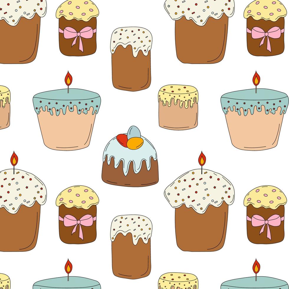 Seamless pattern with Set hand drawn easter cake. Color doodle vector illustration