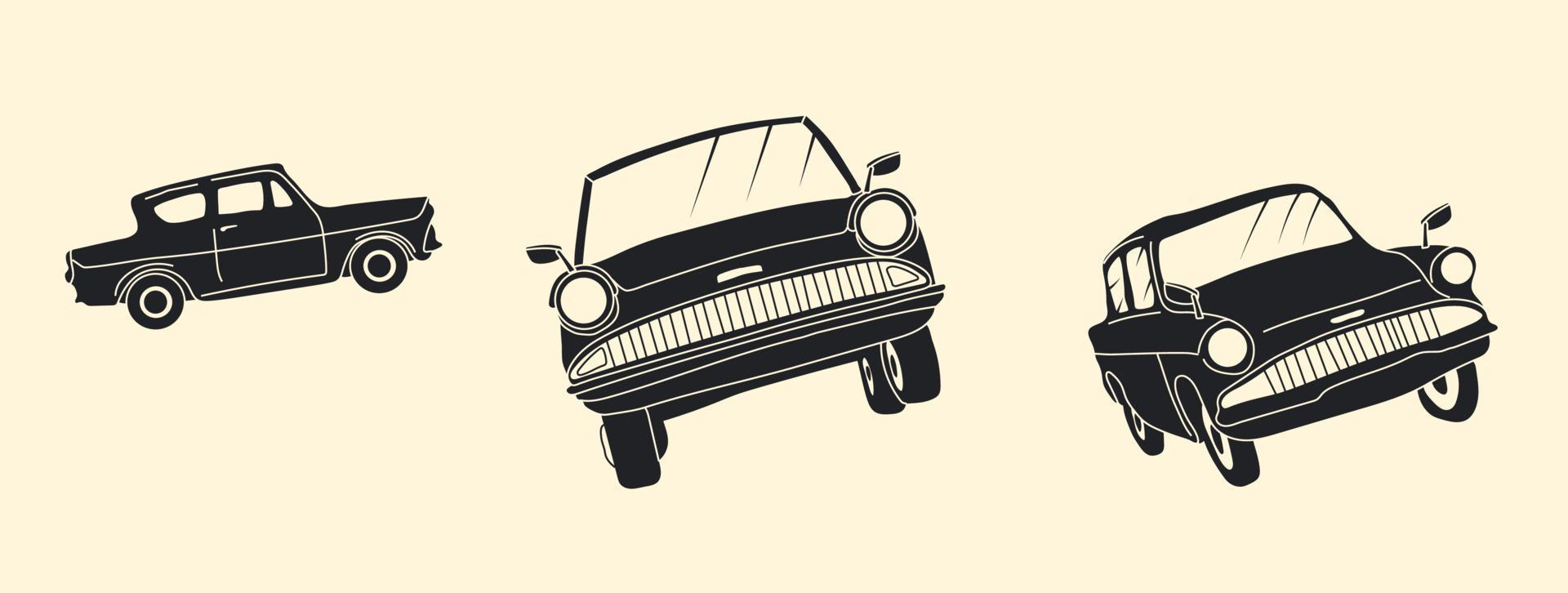 Set of three Magical flying car in monochrome style. Hand drawn vector illustration.