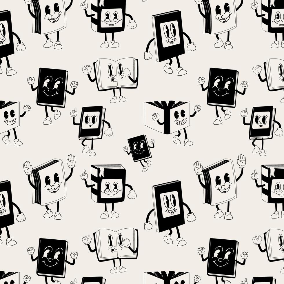 Seamless pattern with Big set of Books 30s cartoon mascot character 40s, 50s, 60s old animation style in black and white color vector