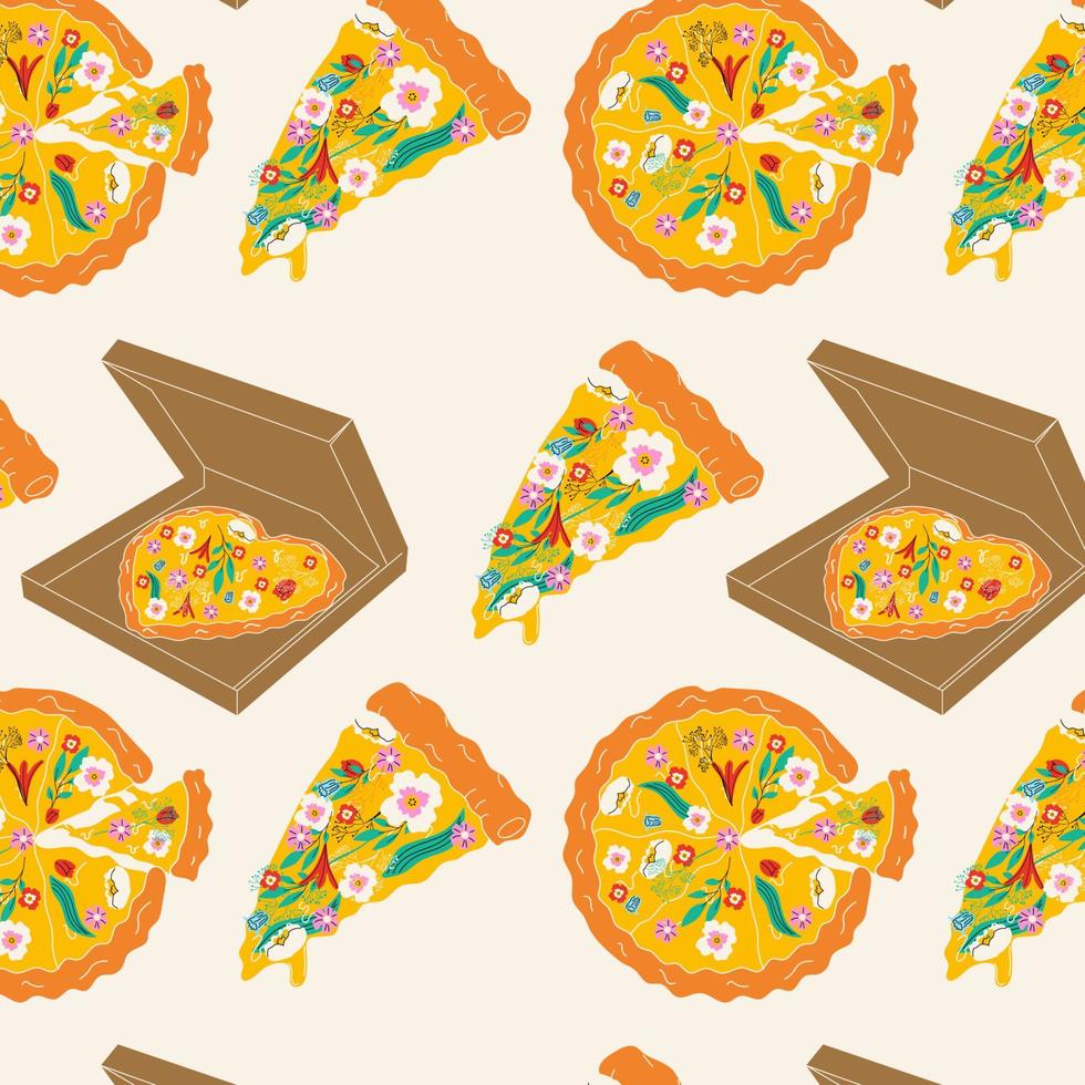 Seamless pattern with Pizza with different flowers. Spring pizza. Hand drawn vector illustration