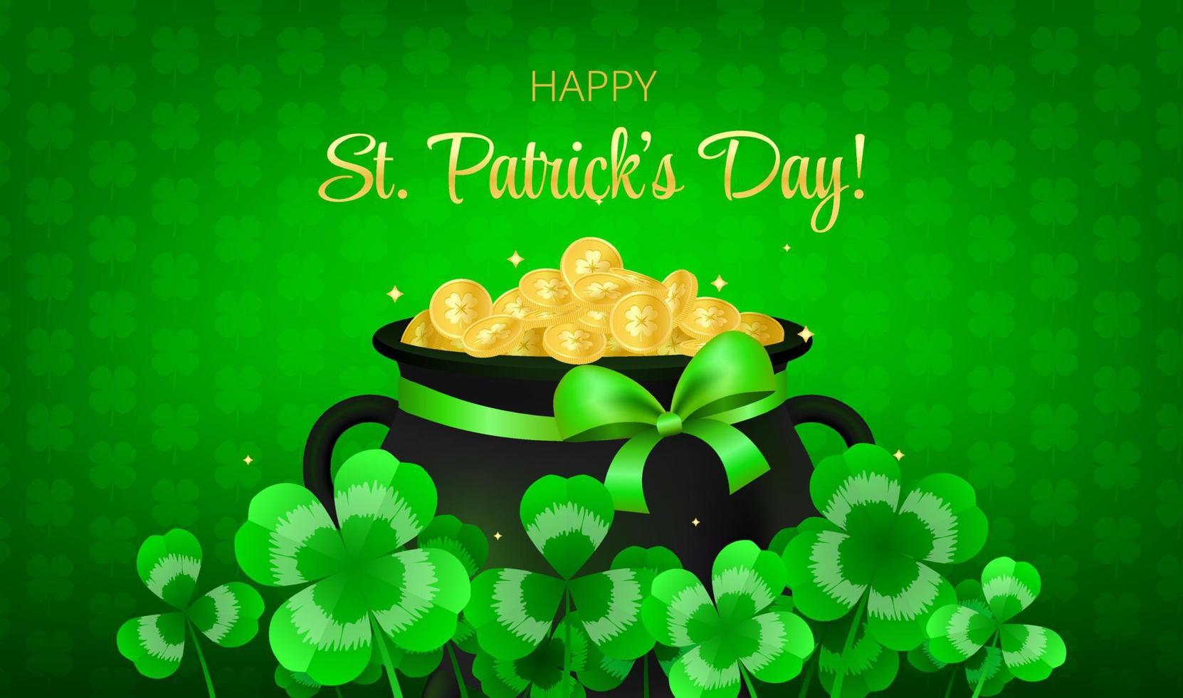 Banner for Saint Patrick's day. Black pot of gold coins with green festive bow. Four leaf clover golden coins. Lucky shamrock money. Leprechaun treasure in the cauldron. Green leaves pattern vector