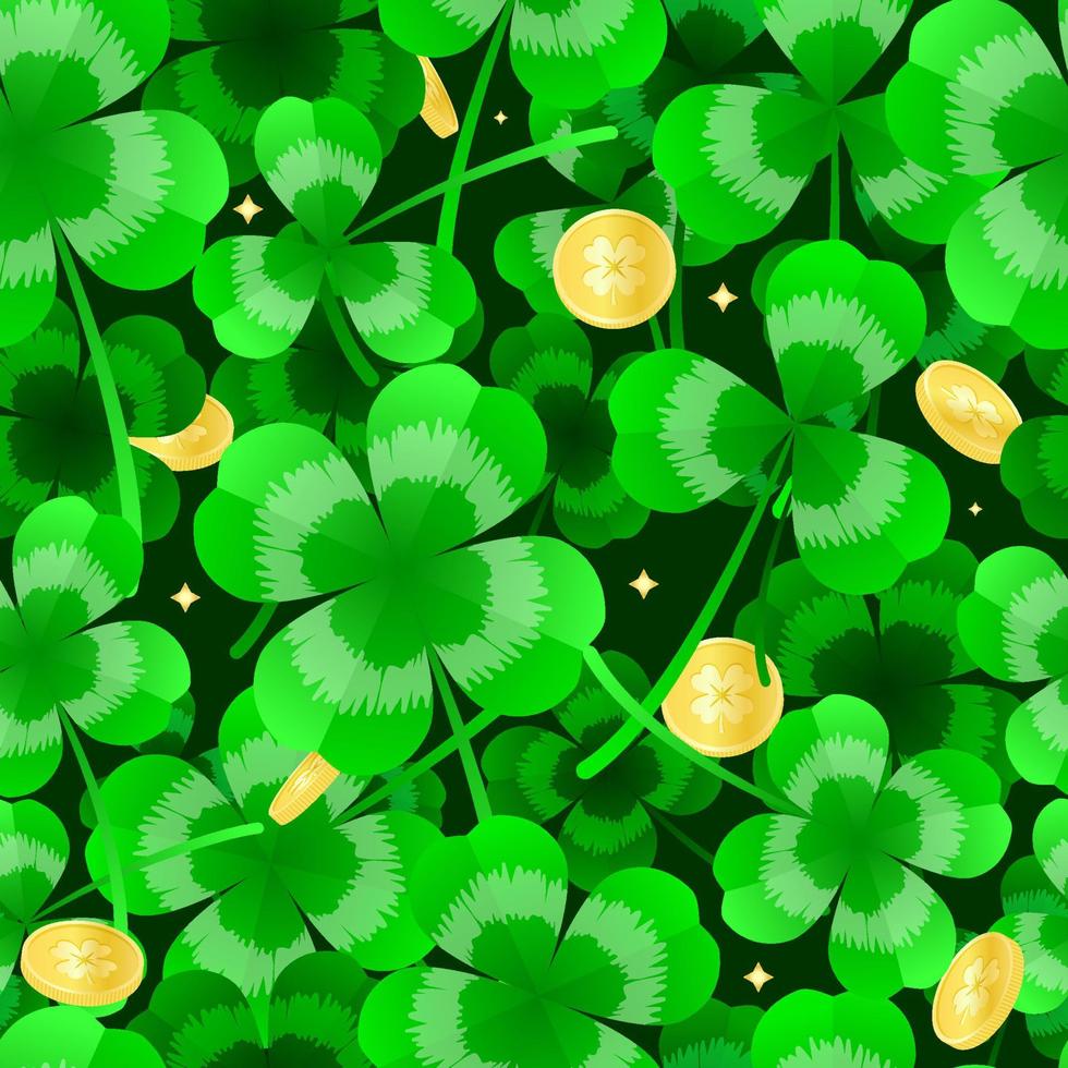 Happy St. Patrick's day seamless pattern background with green shamrock leaves, gold coin. Element design. Realistic clover vector illustration. Wrapping paper design.