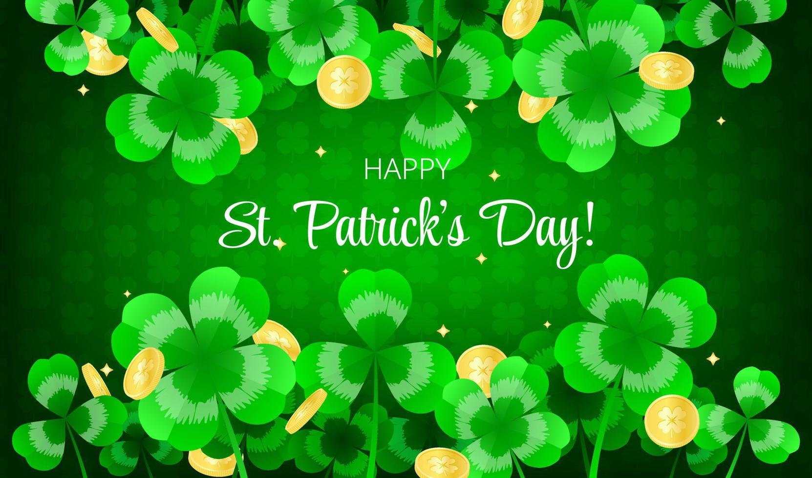 Happy St. Patrick's day horizontal banner background with green shamrock leaves, gold coin. Element design. Realistic vector illustration. On green clover pattern background.