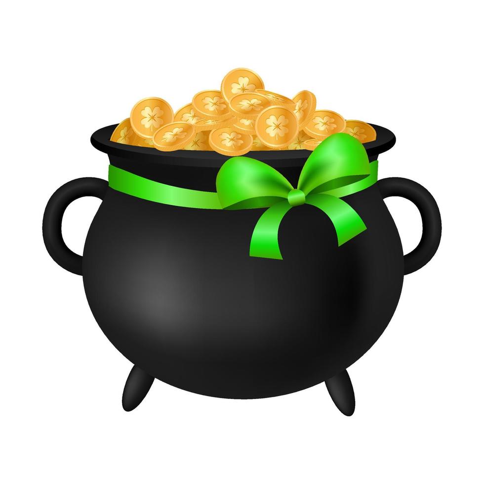 Black pot of gold coins with green festive bow. Four leaf clover golden coins. For Saint Patrick's day. Lucky shamrock money. Leprechaun treasure in the cauldron. Fortune talisman. vector