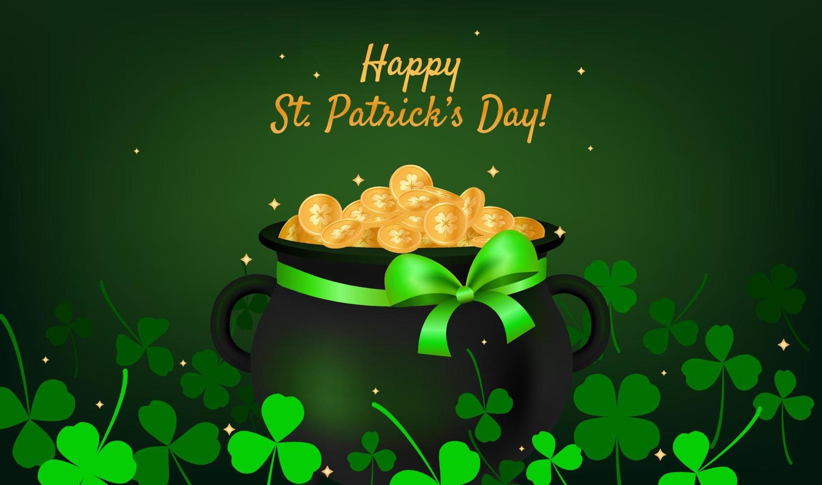 Banner for Saint Patrick's day. Black pot of gold coins with green festive bow. Four leaf clover golden coins. Lucky shamrock money. Leprechaun treasure in the cauldron. Fortune talisman. Green leaves vector