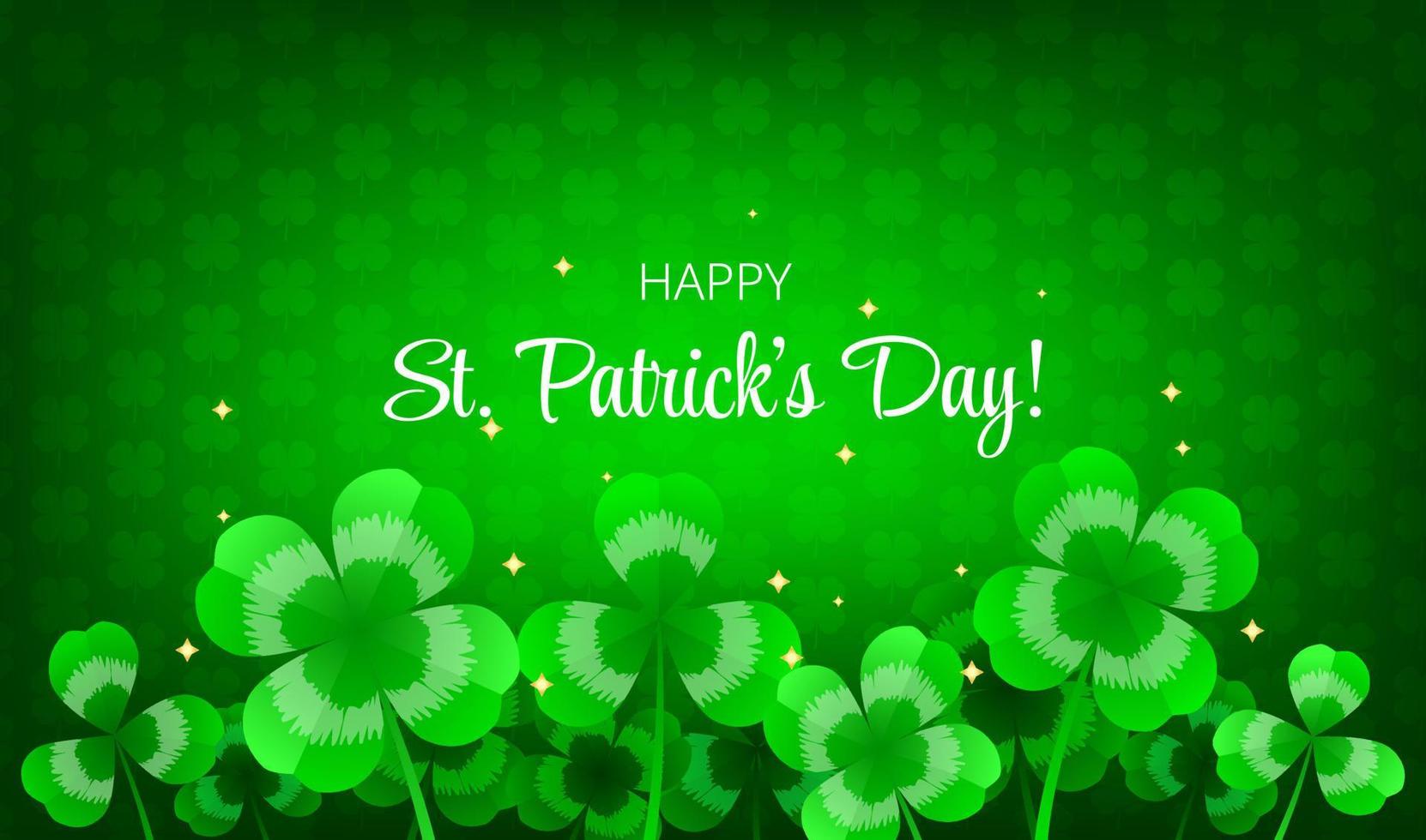Happy Saint Patrick's Day shamrock magic background, greeting card with green four and tree leaf clovers, modern design template. Vector illustration on green clover pattern background.