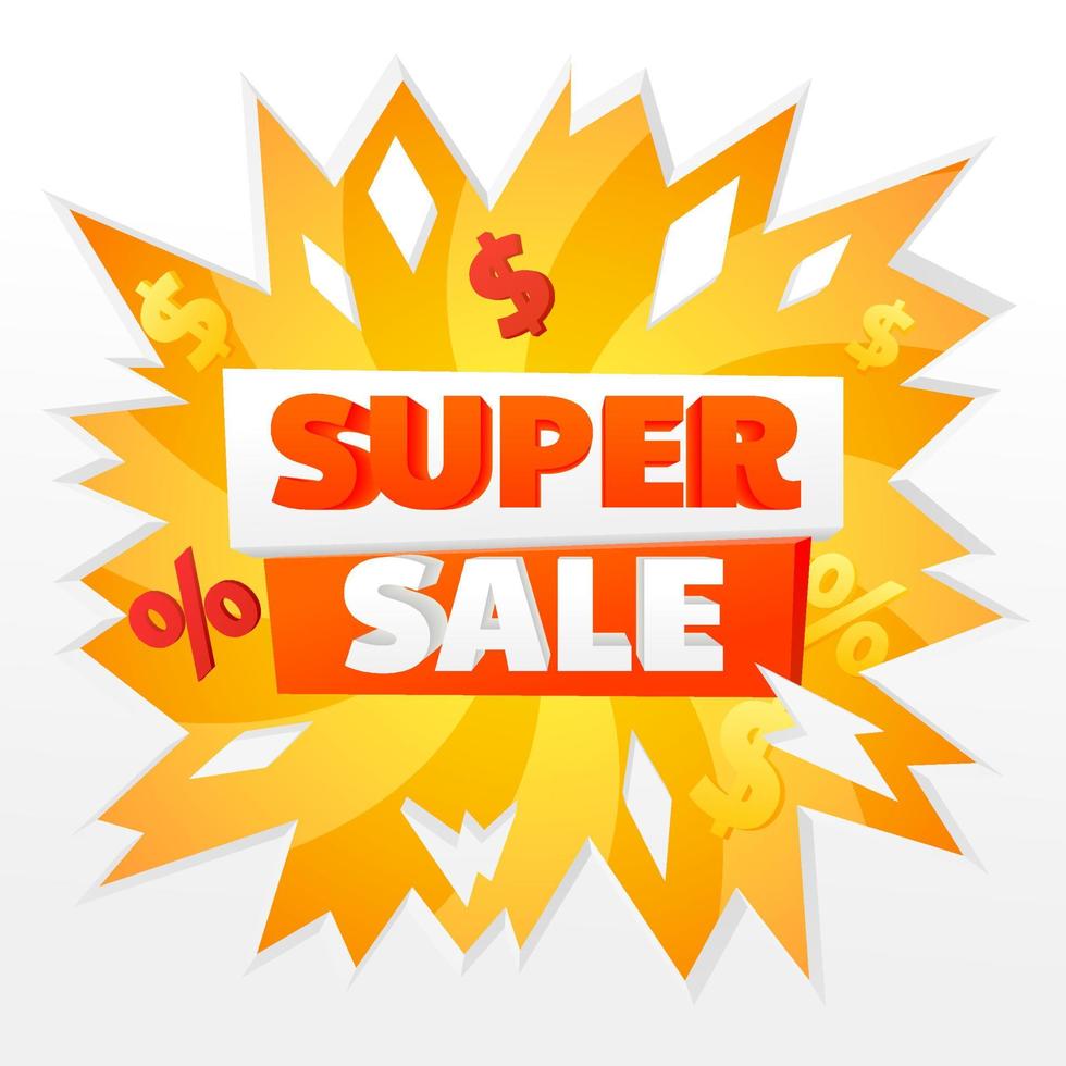 Super sale banner. Pop art style explosion offer banner, coupon or poster. Discount sticker in trendy design. Super sale coupon promo banner. Retail marketing flyer. 3d dollar icon, percent sign. vector