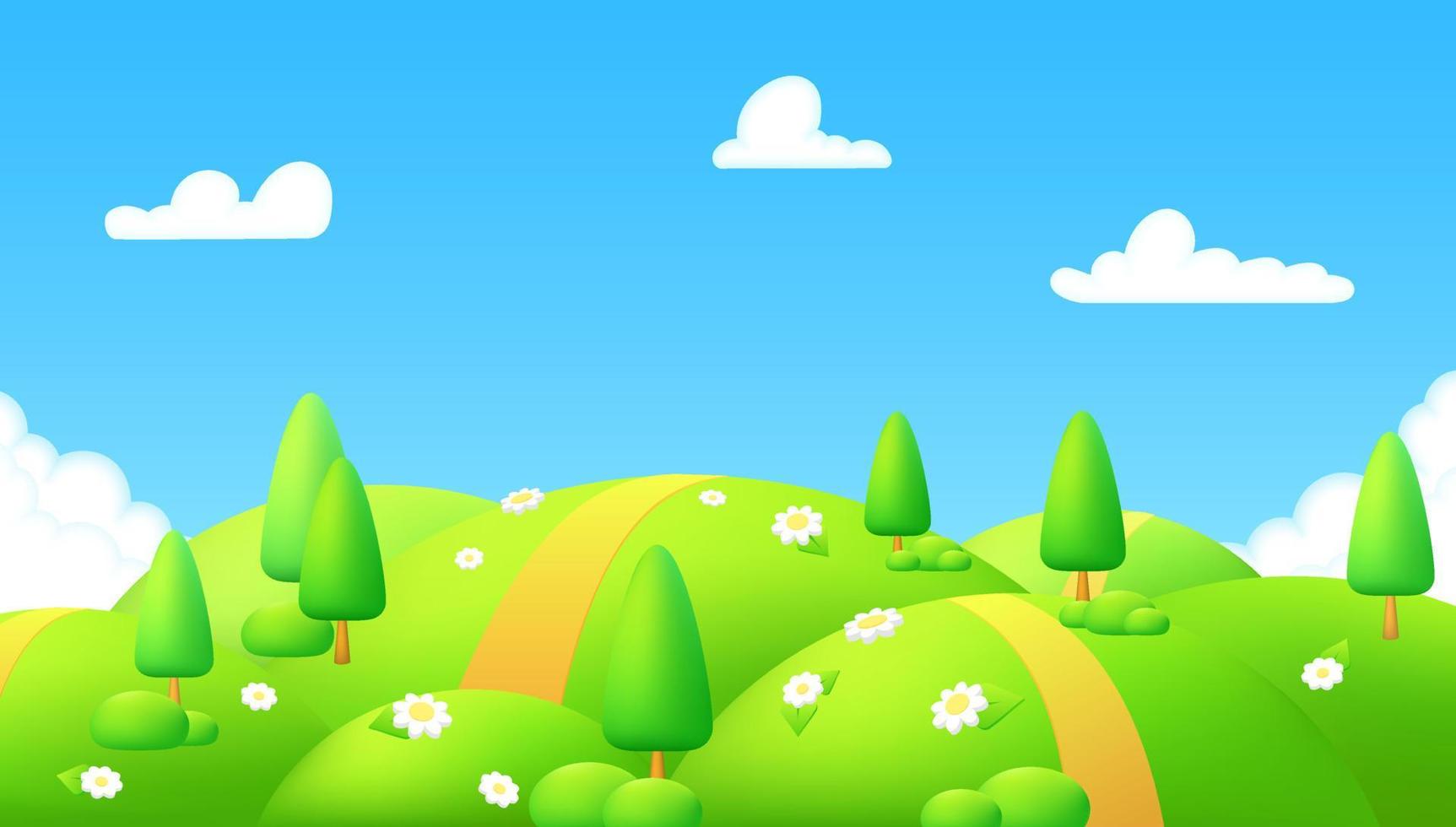 Spring background. Green meadow with chamomile flowers, trees. Cartoon illustration of beautiful summer valley landscape with blue sky. Children's game area. 3d horizontal scene vibrant green hills. vector