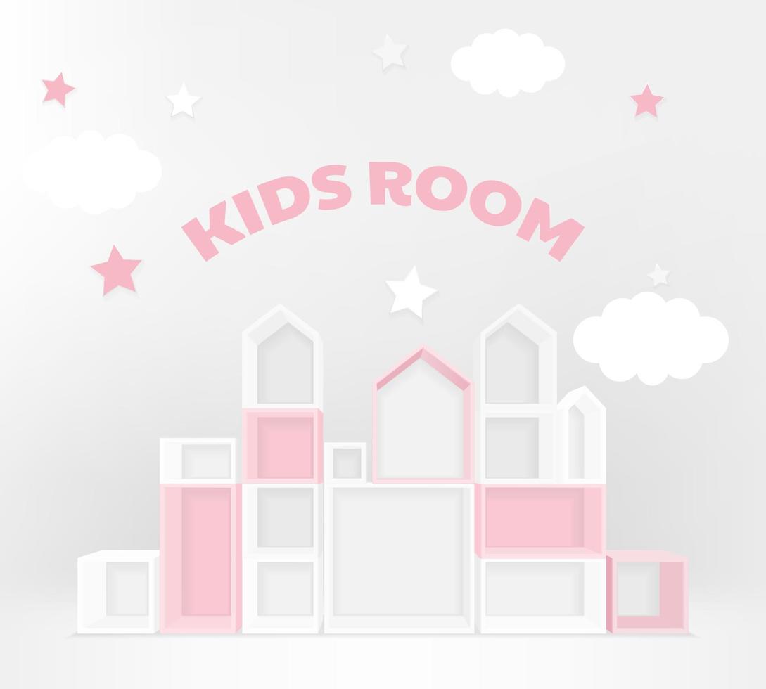 Furniture, bookshelf for kids room, photozone decoration. 3D mockup of empty cabinet with shelves on the wall. Showcase for toys. Build interior design furniture. Children toy house building kit vector