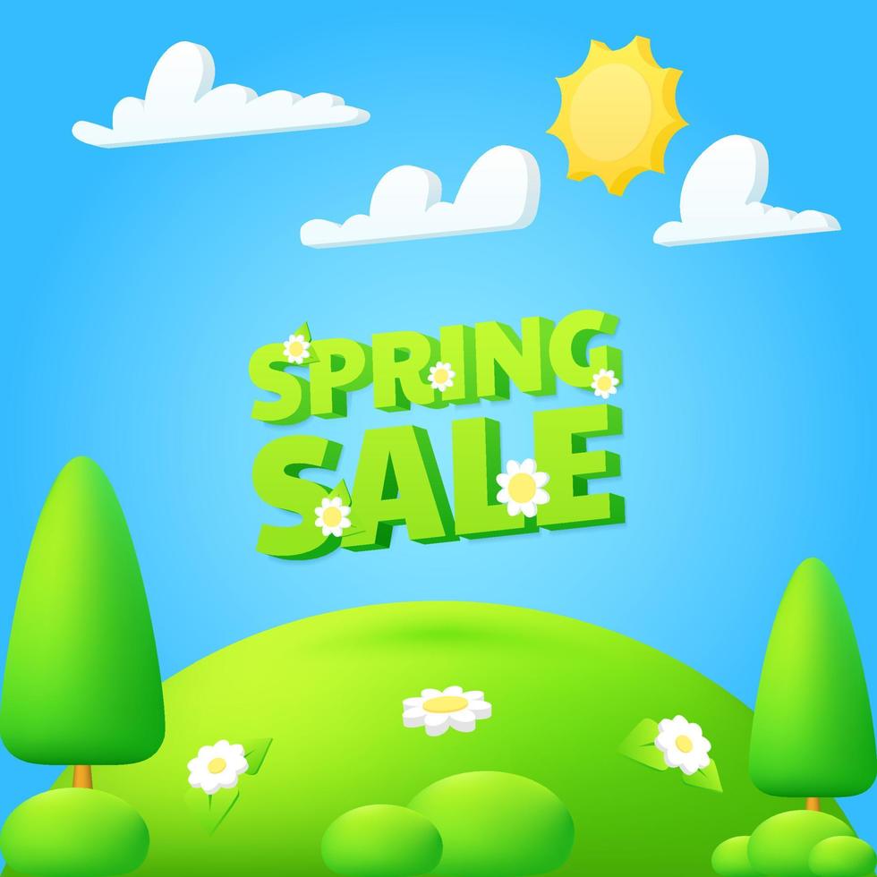 Spring sale banner template with flowers blossom. Green meadow with chamomile flowers, trees, greeting card on the valley background. Social media, flyers, invitations, posters, brochures. 3D text vector