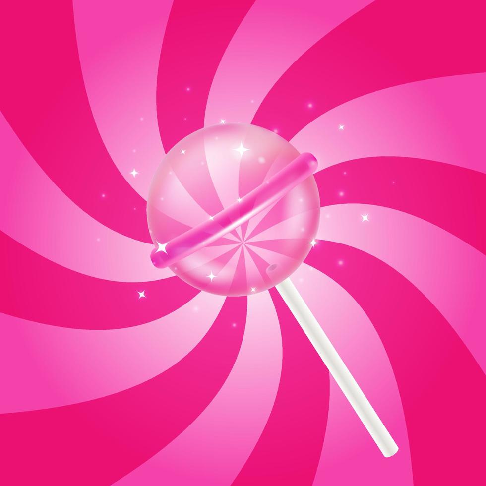 Sweet cute pink lollipop on stick in cartoon style. Glossy red raspberry round candy on Whirlpool background. 3d vector illustration. Pop art sweet candy background.