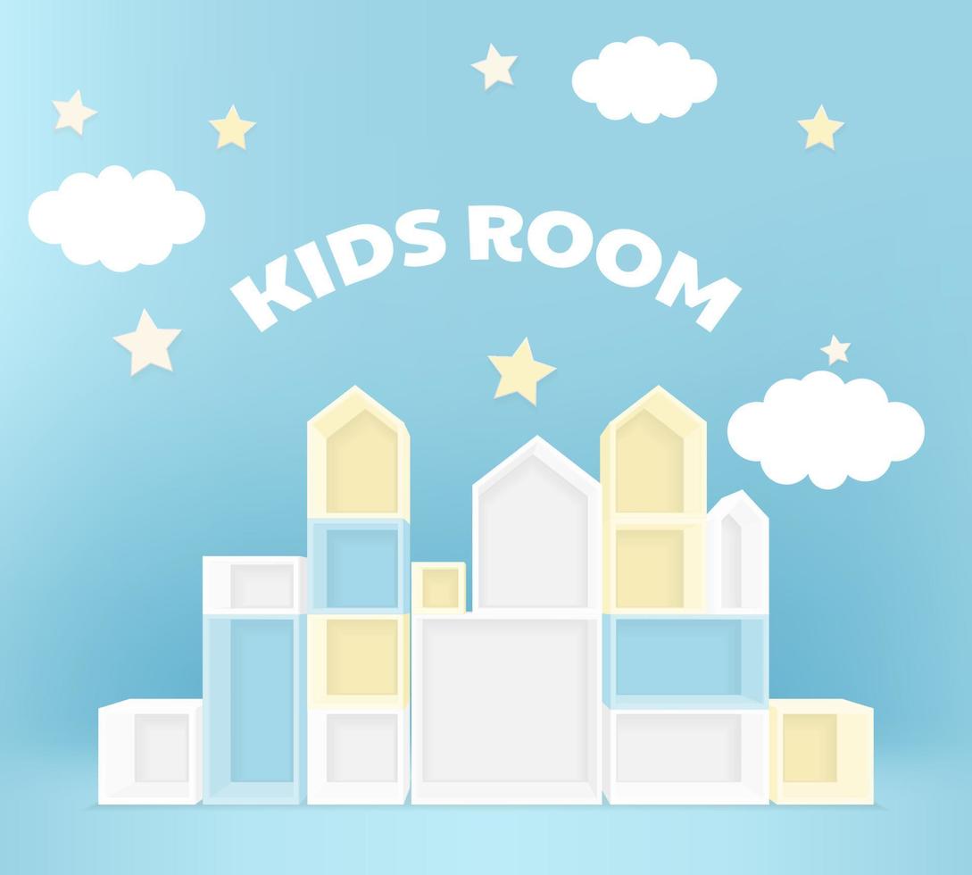 muebles, estante para libros para niños habitación, fotozona decoración. 3d Bosquejo de vacío gabinete con estantería en el pared. escaparate para juguetes construir interior diseño mueble. niños juguete casa edificio equipo vector