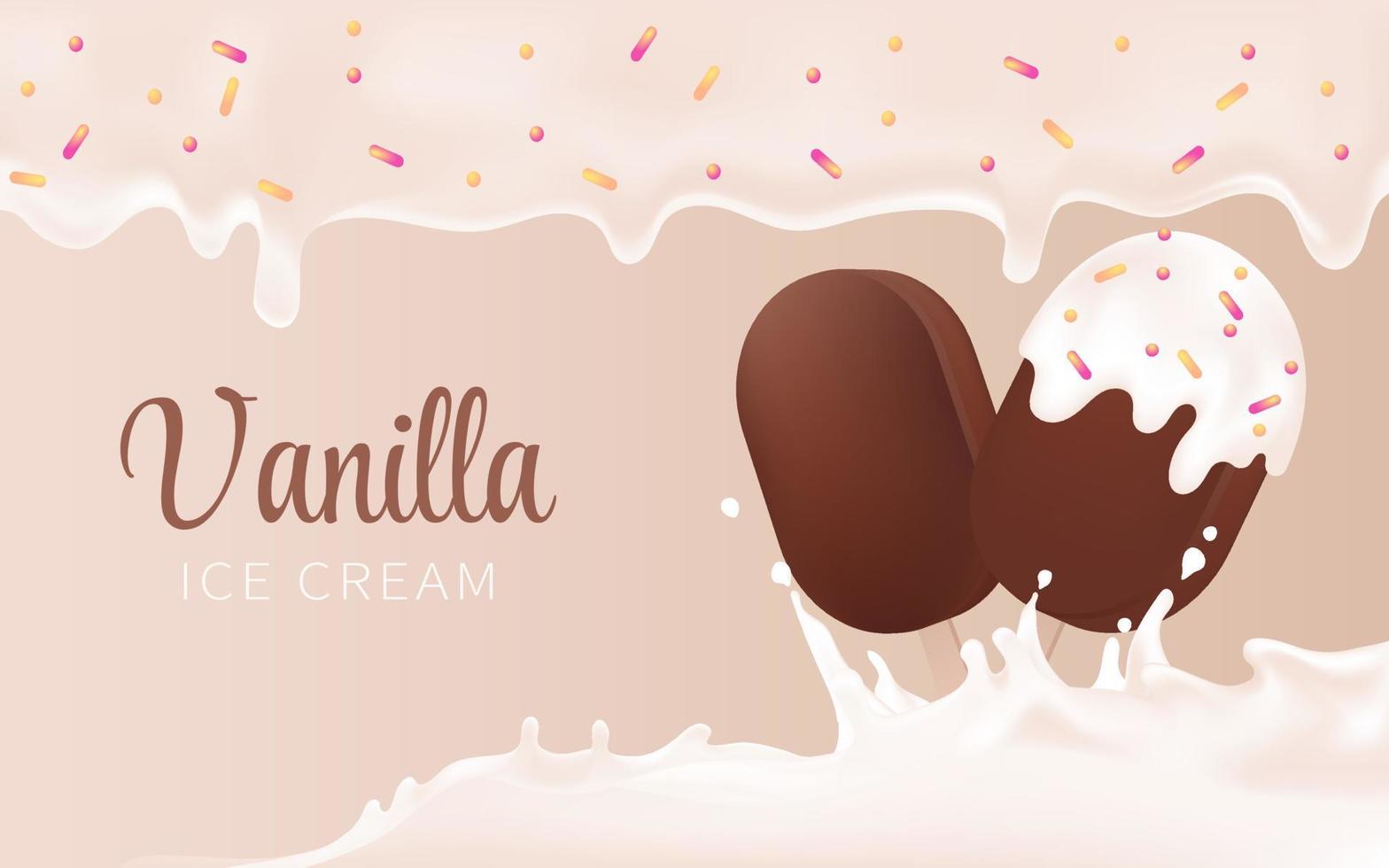 esquimal tarta hielo crema con Derretido Leche crema y asperja. chocolate Formación de hielo, vainilla hielo crema con salpicaduras leche, 3d ilustración para comida paquete. vector