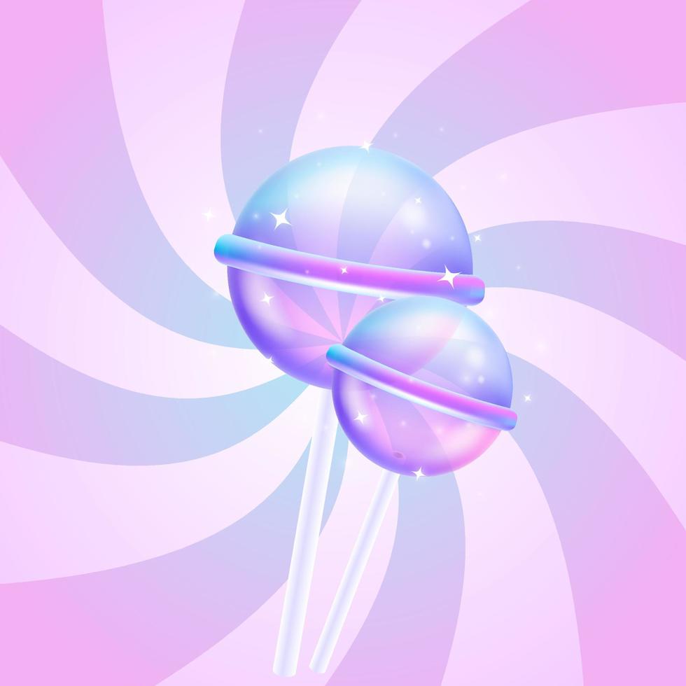 Sweet cute pink lollipop on stick in cartoon style. Glossy purple round candy on Whirlpool background. 3d vector illustration. Pop art sweet candy background.