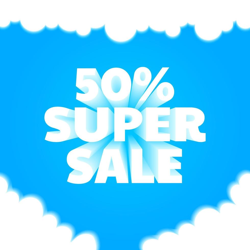 Super sale 50 banner template. Blue sky background, puffy clouds. Social media discount, coupon flyers, promotion brochures. 3D text sticker. Super sale coupon promo banner. vector
