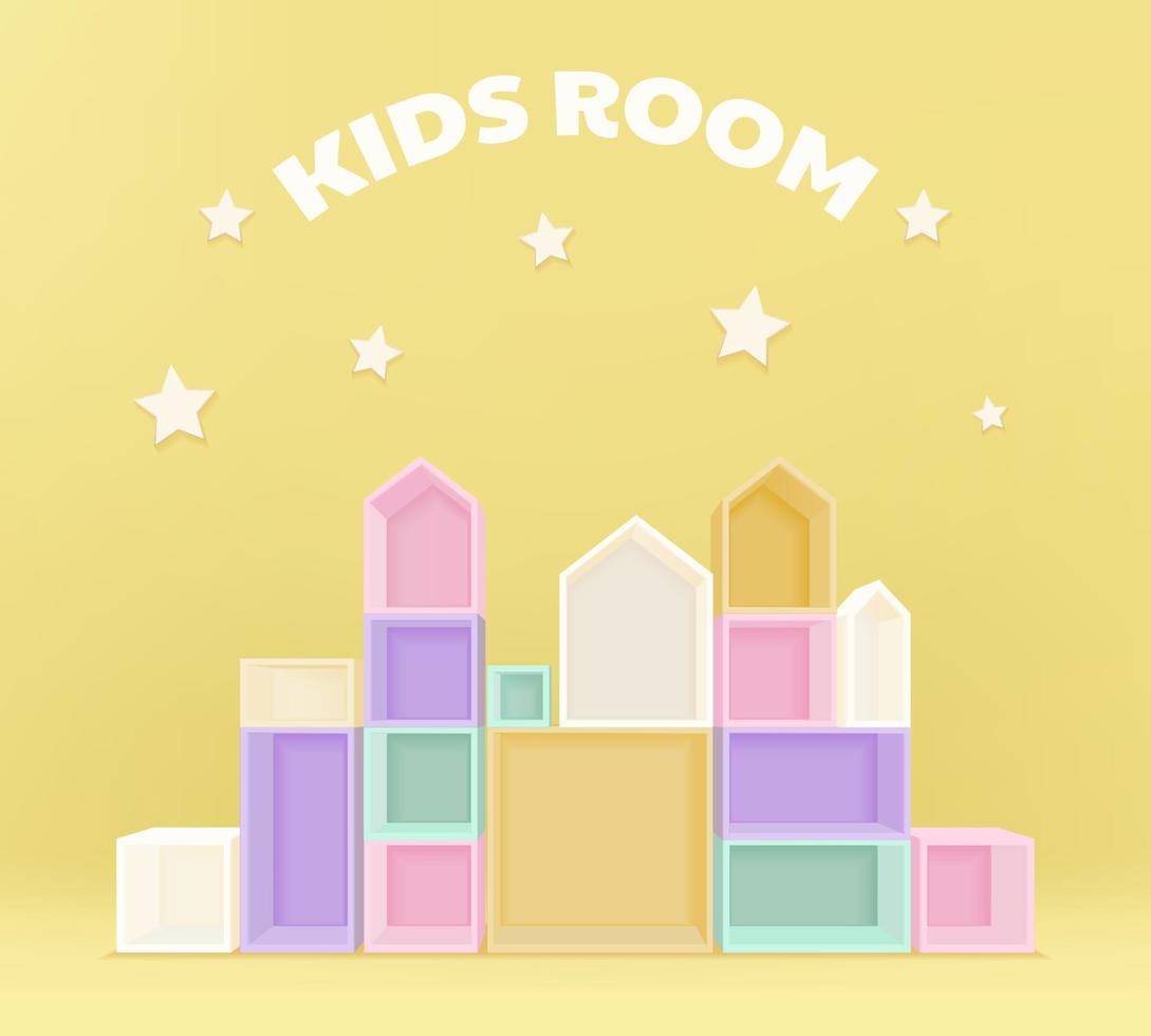 Furniture, bookshelf for kids room. 3D mockup of empty cabinet with shelves on the wall. Showcase for toys. Blank retail storage space. Build interior design furniture. Children toy house building kit vector