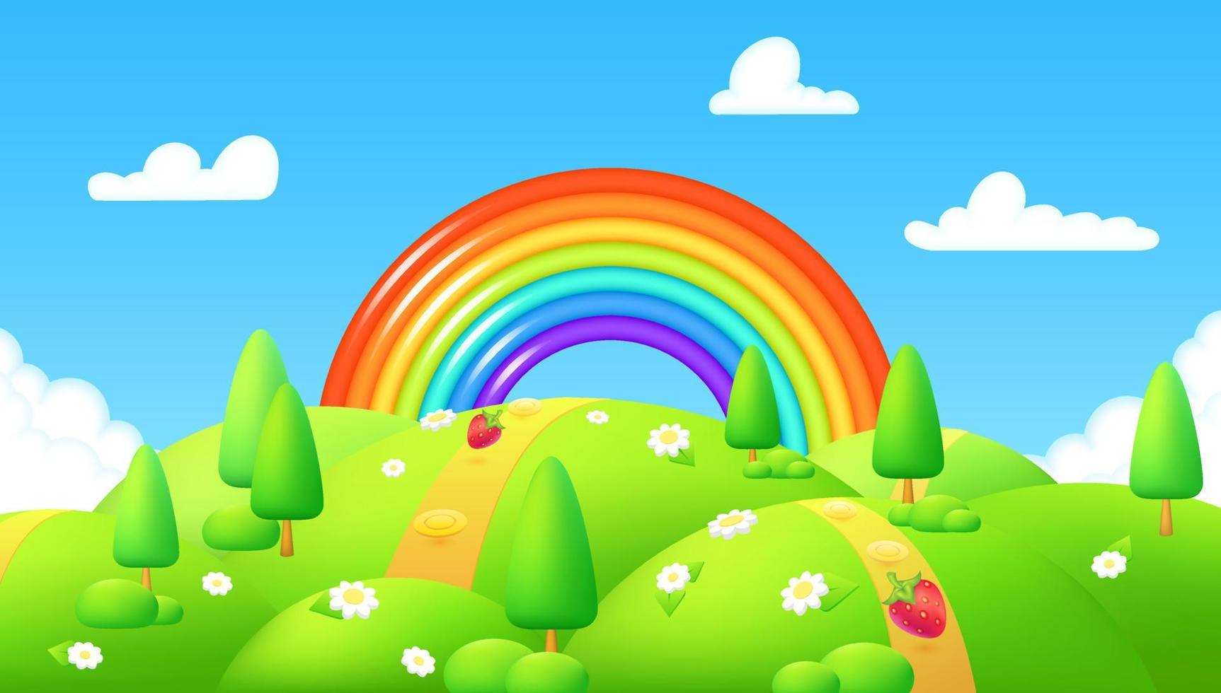 Spring background. Green meadow with chamomile flowers, trees. Cartoon beautiful summer valley landscape with blue sky and rainbow. Children's game pick strawberries. 3d scene vibrant green hills. vector