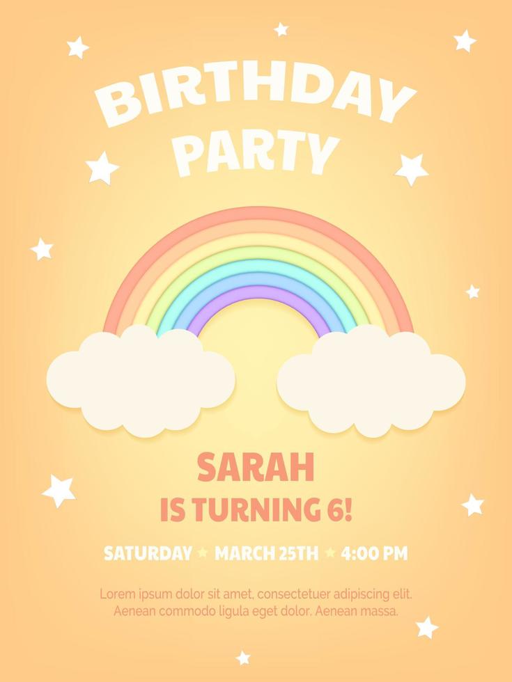 Yellow greeting card design with cute 3d pastel rainbow and clouds. Happy birthday invitation template for 6 year with stars decorations. For child's birthday, party, invitation. Birthday celebration vector