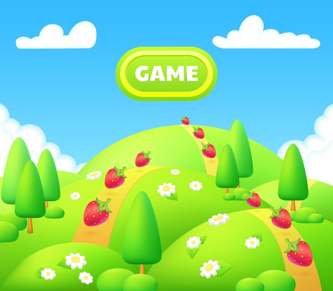 Spring background. Green meadow with chamomile flowers, trees. Cartoon illustration of beautiful summer valley landscape with blue sky. Children's game pick strawberries. 3d scene vibrant green hills. vector