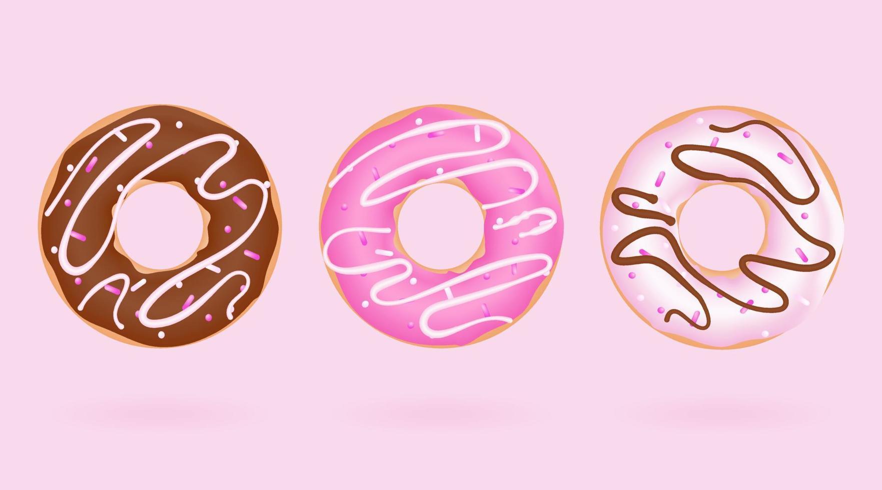 Realistic glazed donut cake illustration set. Bakery breakfast sweet pastry food, 3d vector round doughnuts. Doughnut desserts with chocolate cream, pink icing and sprinkles. Decorations for menu.