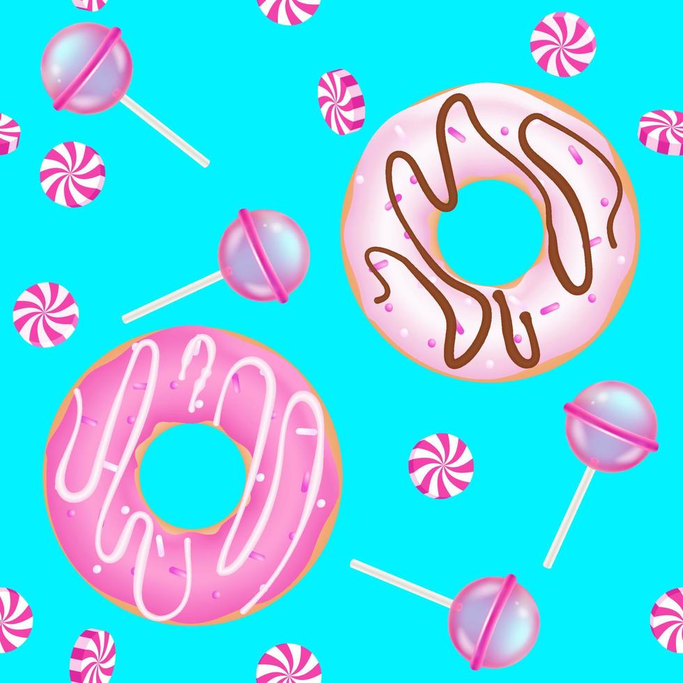 Realistic glazed donut cake, lollipop seamless pattern. Bakery breakfast sweet pastry food, 3d vector candy. Doughnut desserts with chocolate cream, pink icing and sprinkles. Wrapping paper design.