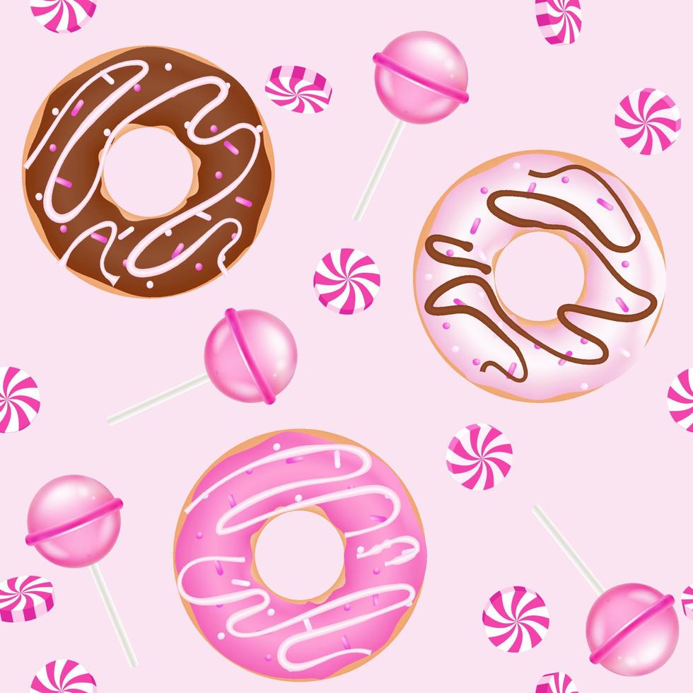 Realistic glazed donut cake, lollipop seamless pattern. Bakery breakfast sweet pastry food, 3d vector candy. Doughnut desserts with chocolate cream, pink icing and sprinkles. Decorations for menu.