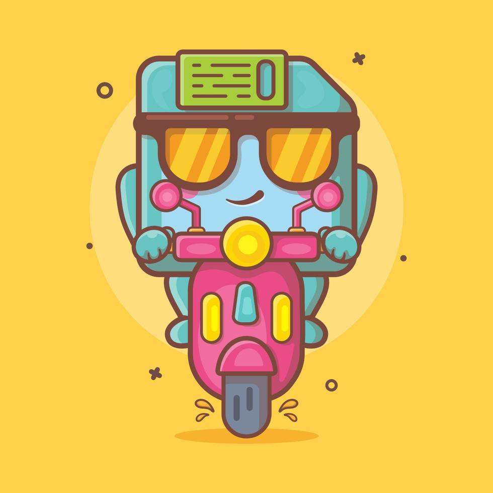 frio flexible disco personaje mascota montando scooter motocicleta aislado dibujos animados en plano estilo diseño vector