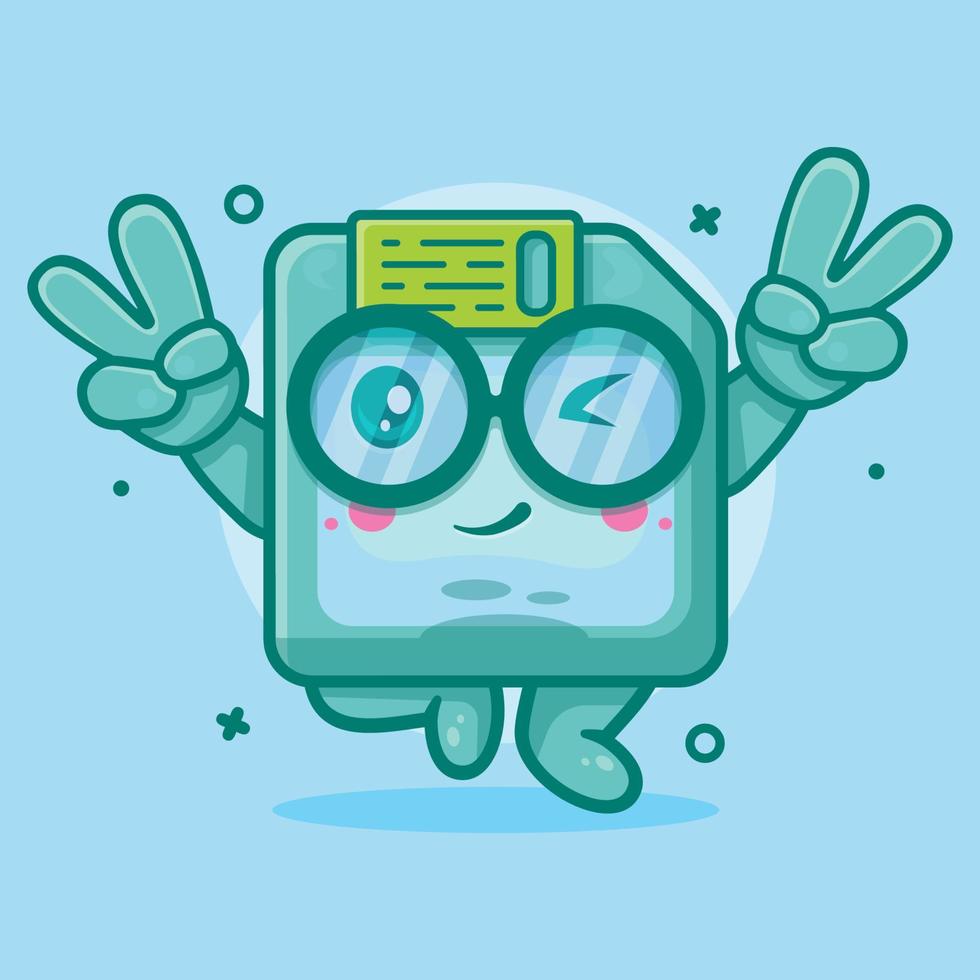 funny floppy disk character mascot with peace sign hand gesture isolated cartoon in flat style design vector