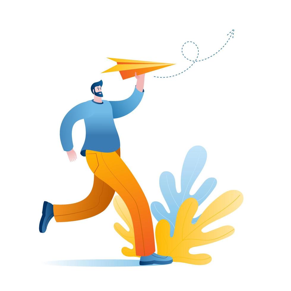 A man launches a paper airplane. Isolated vector character.