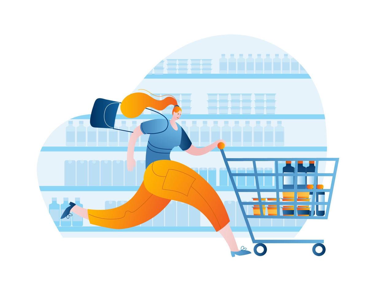 A woman goes to the supermarket with a cart. vector