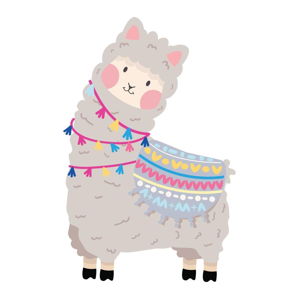 Cute llama or alpaca character flat vector