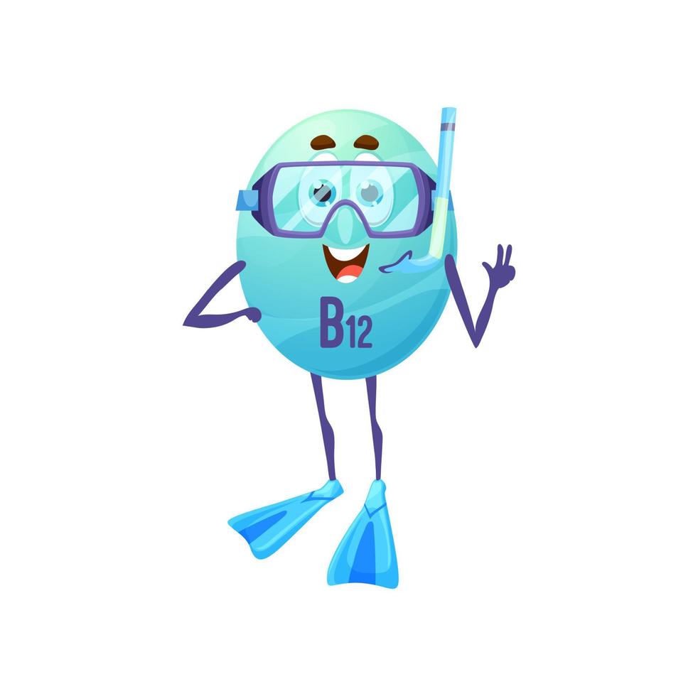 Cartoon vitamin B12 with fins and diving mask vector