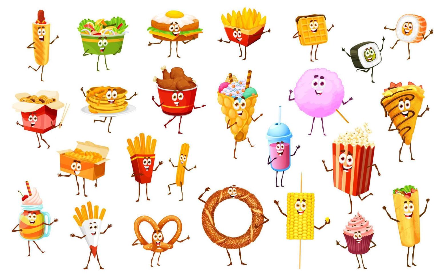 Fast food meals, desserts funny characters vector
