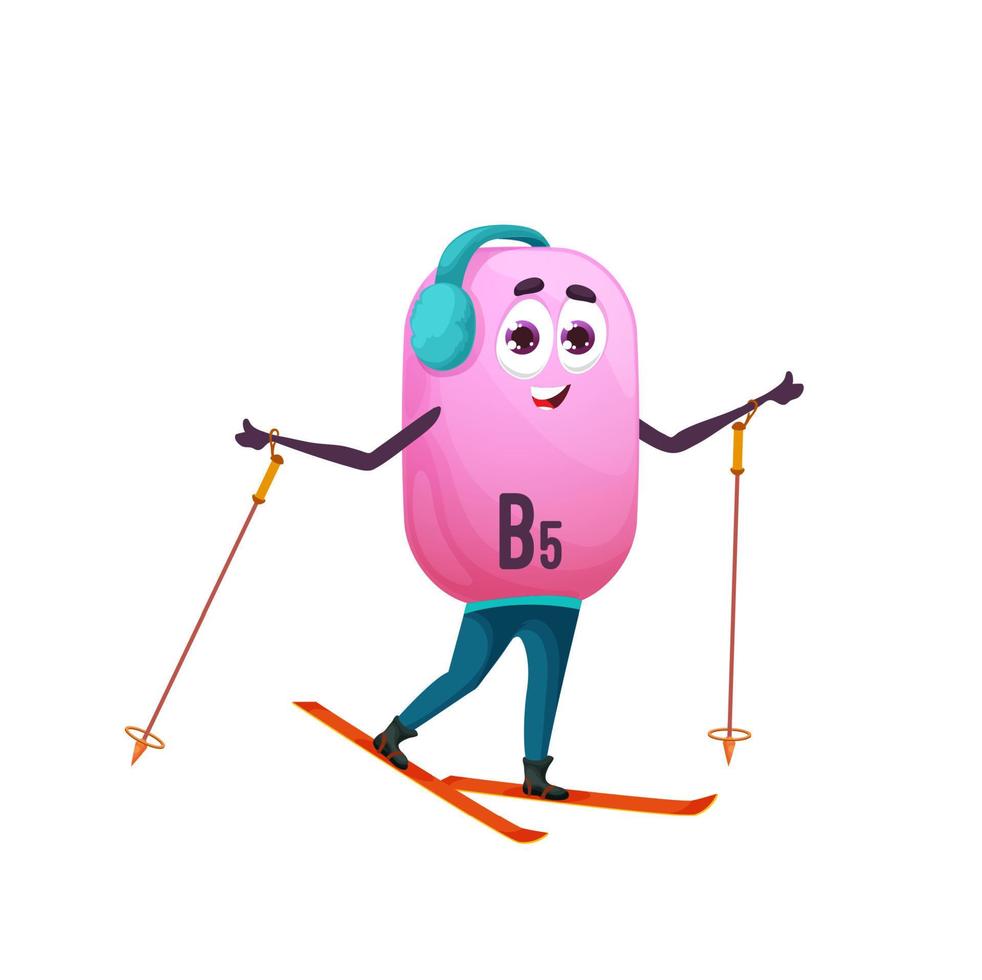 Cartoon vitamin B5 character skiing, winter sport vector
