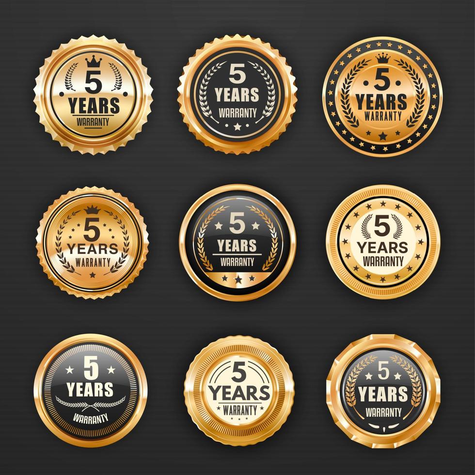 Warranty golden badges, labels, guarantee seals vector