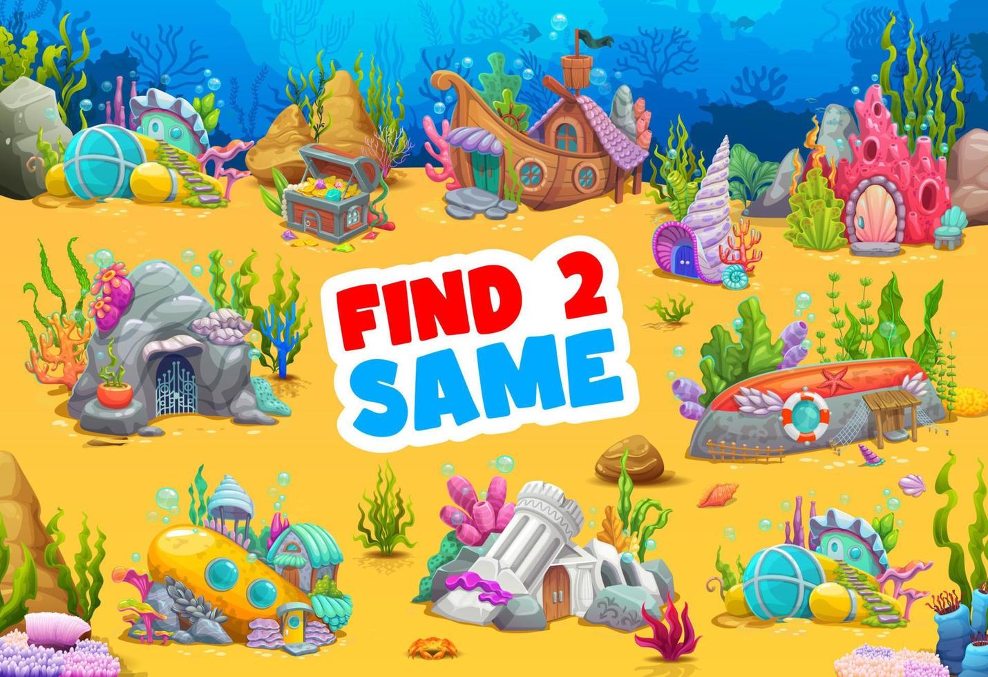 Find two same cartoon underwater houses on bottom vector