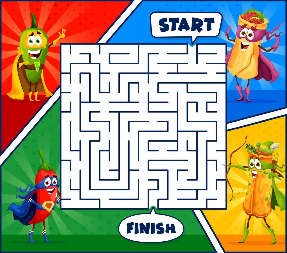 Superhero tex mex food in labyrinth maze game vector