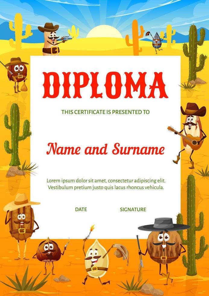 niños diploma dibujos animados salvaje Oeste nuez vaquero, bandido vector