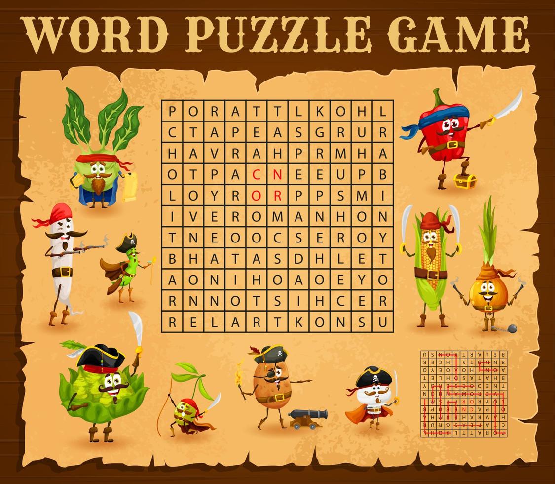Word search puzzle game cartoon vegetable pirates vector