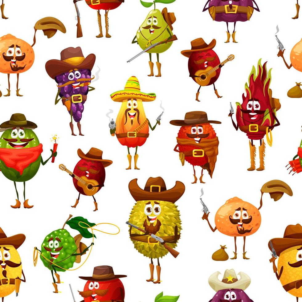 Cartoon cowboy robber and sheriff fruits pattern vector